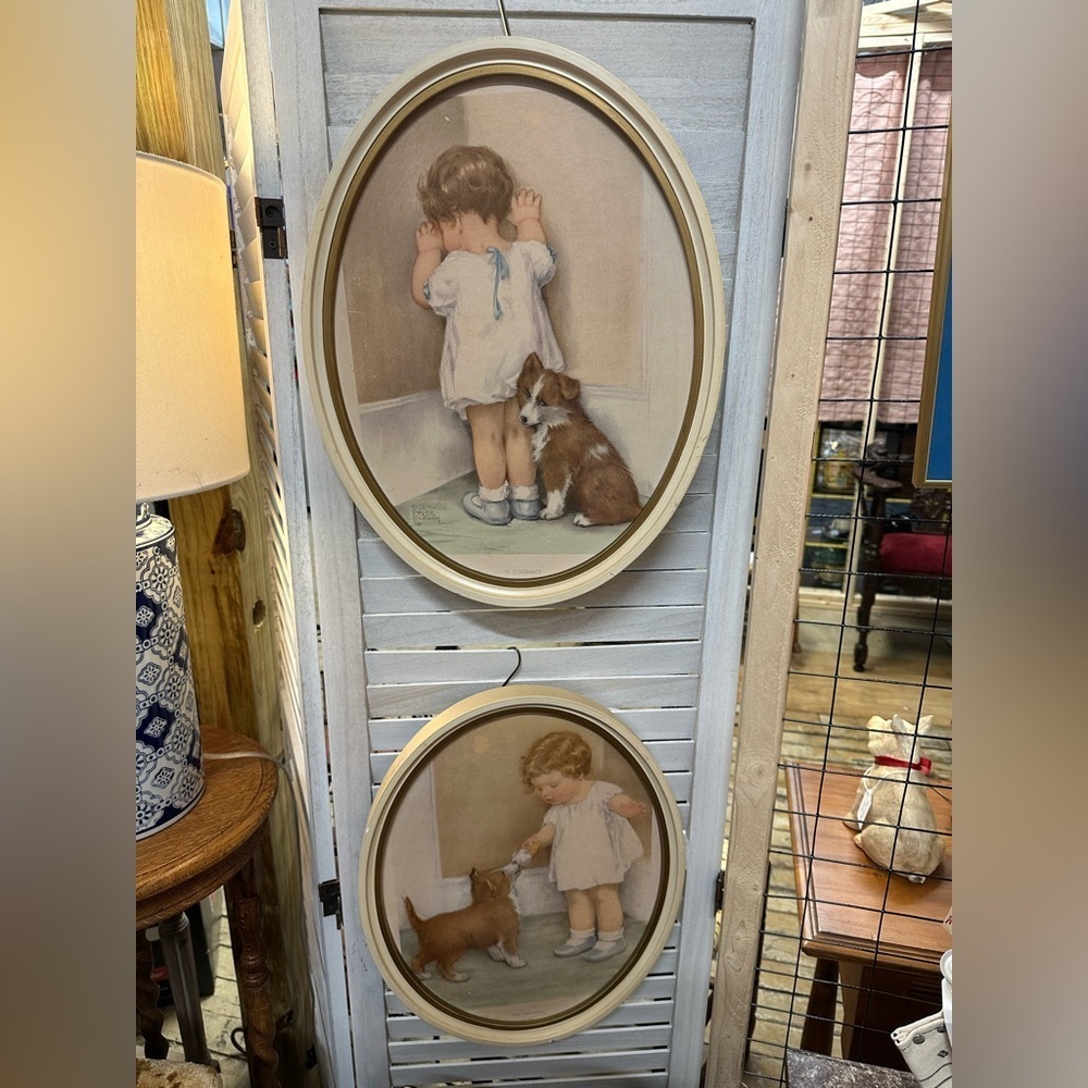 2 Vintage Bessie Pease Gutmann Prints Oval Framed "The Reward" & "In Disgrace”